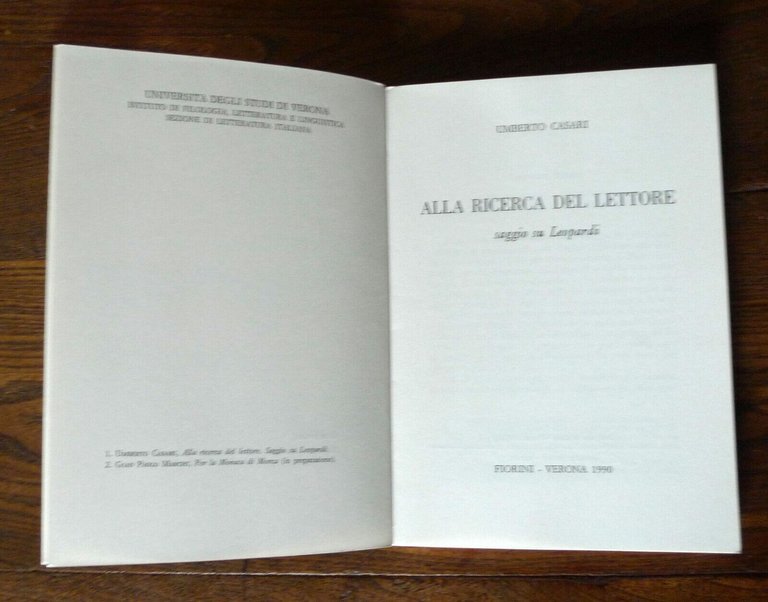 Casari,ALLA RICERCA DEL LETTORE.SAGGIO SU LEOPARDI,1990 Fiorini[critica