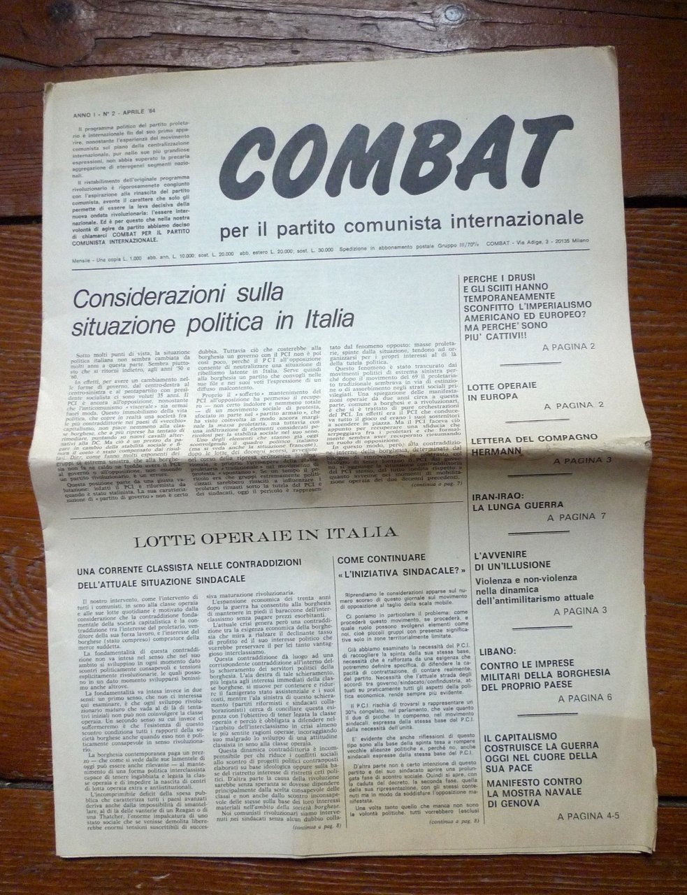 COMBAT PER IL PARTITO COMUNISTA INTERNAZIONALE ANNO I N.2 1984[PCINT