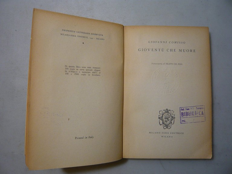 Comisso,LA GIOVENTU CHE MUORE,Milano,1949