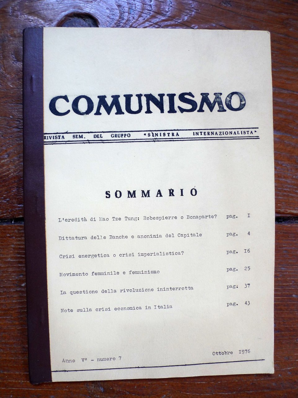 COMUNISMO n.7 Ott.1976.Rivista semestrale del Gruppo Sinistra Internazionalista