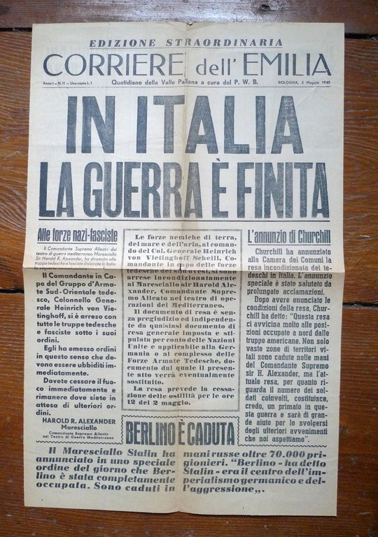 CORRIERE DELL'EMILIA n.11 3 Maggio 1945.ED.STRAORDINARIA.LA GUERRA È FINITA | Immagine Gallery 1