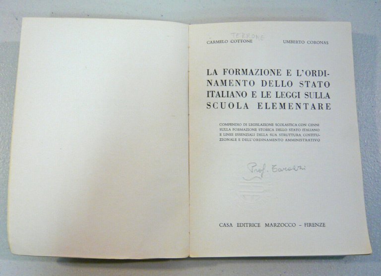Cottone,L’ORDINAMENTO DELLO STATO ITALIANO.LE LEGGI SULLA SCUOLA ELEMENTARE,1958