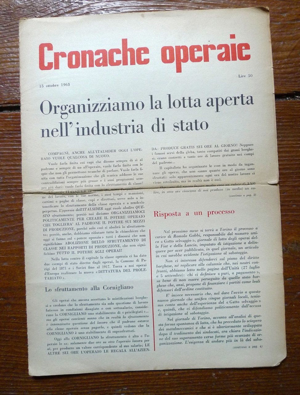 CRONACHE OPERAIE 15 Ottobre 1963[operaismo,Faina,Mario Tronti,Toni Negri | Immagine principale