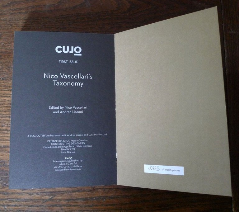 CUJO MAGAZINE,FIRST ISSUE,2007 Ed.Zero.NICO VASCELLARI'S TAXONOMY[arte cont.