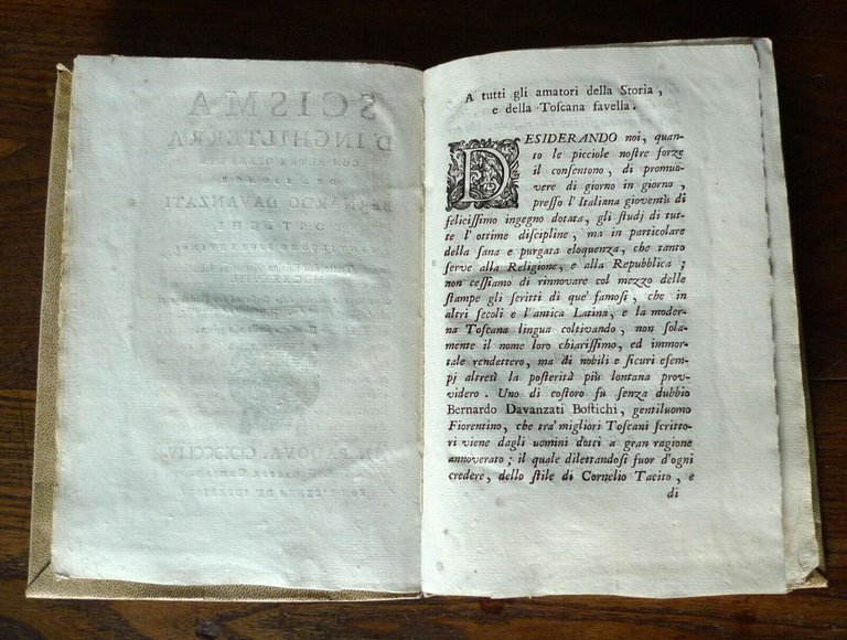 Davanzati,SCISMA D'INGHILTERRA CON ALTRE OPERETTE,1754 Comino[storia,Toscana