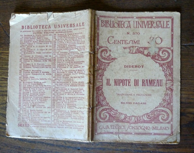 Diderot,IL NIPOTE DI RAMEAU,Sonzogno BIBLIOTECA UNIVERSALE