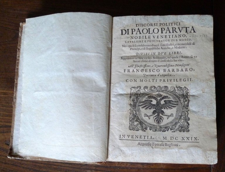 DISCORSI POLITICI DI PAOLO PARUTA NOBILE VENETIANO,1629 Baglioni[STORIA VENEZIA