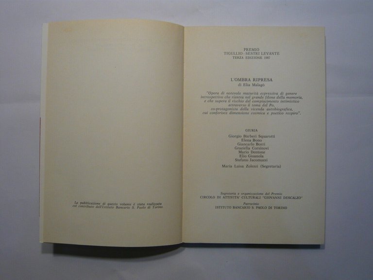 Elia Malagò L’OMBRA RIPRESA, Sabatelli 1988 prima edizione