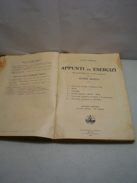 Fasolo,APPUNTI ED ESERCIZI.Sussidiario completo per la classe quinta,Milano 1922