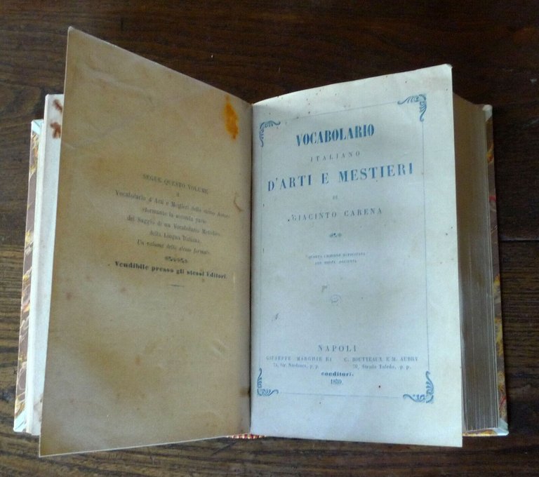 Giacinto Carena,VOCABOLARIO ITALIANO DOMESTICO+D'ARTI E MESTIERI,1859 Napoli