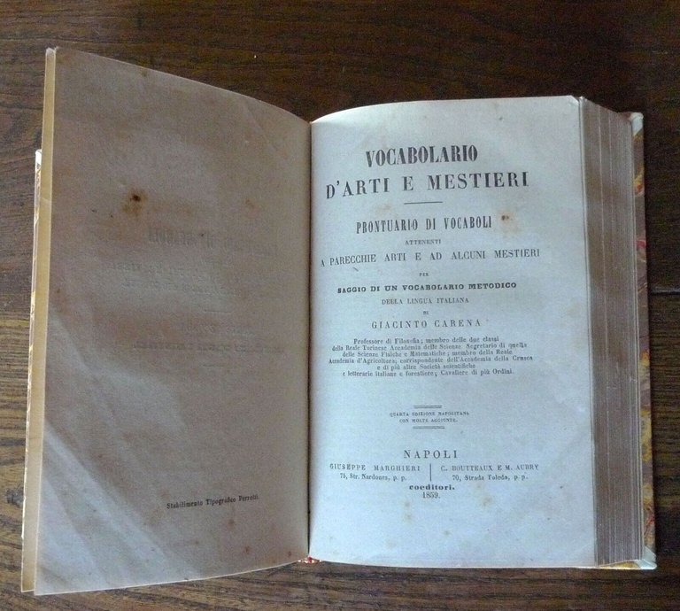 Giacinto Carena,VOCABOLARIO ITALIANO DOMESTICO+D'ARTI E MESTIERI,1859 Napoli