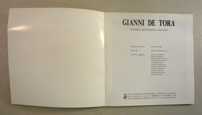 GIANNI DE TORA.Mostra antologica 1962-1992,Gallarate[catalogo,arte contemporanea