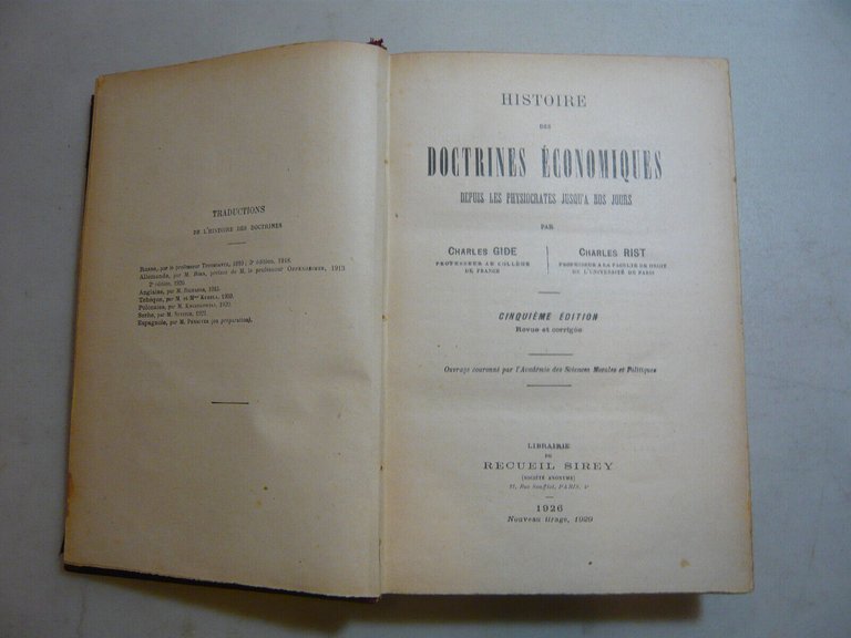 Gide-Rist,HISTOIRE DES DOCTRINES ECONOMIQUES...,Parigi,1926[francese