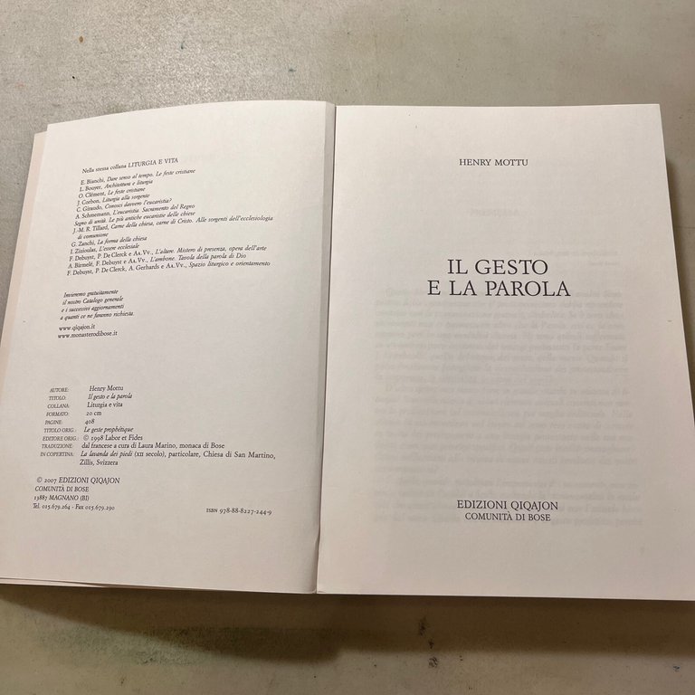 Henry Mottu,IL GESTO E LA PAROLA, Edizioni QIQAJON 2007