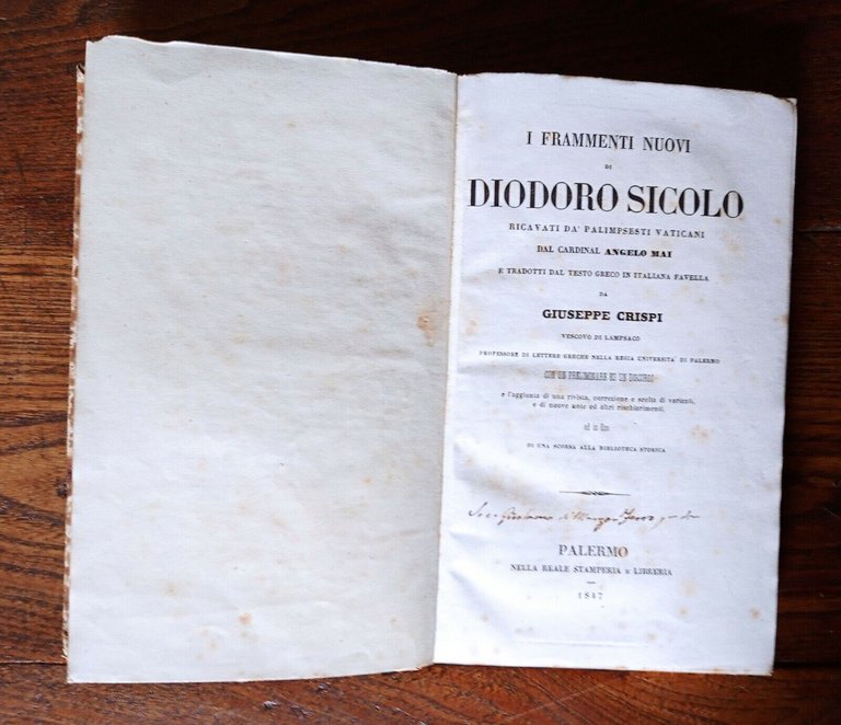 I FRAMMENTI NUOVI DI DIODORO SICOLO RICAVATI DA'PALIMPSESTI VATICANI,1847[SICULO