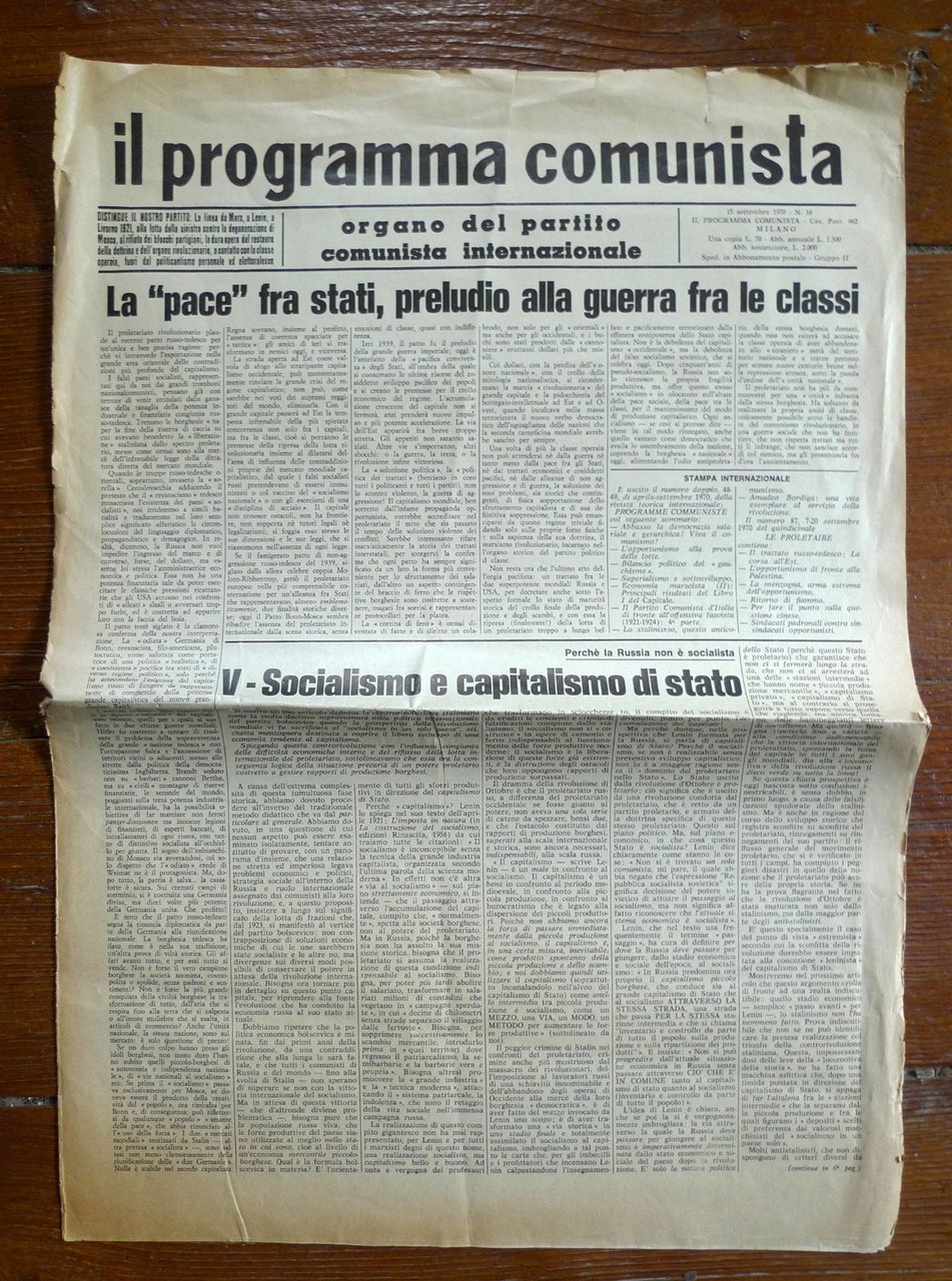 IL PROGRAMMA COMUNISTA ORGANO DEL PCInt n.16 15 settembre 1970[comunismo,Bordiga | Immagine principale