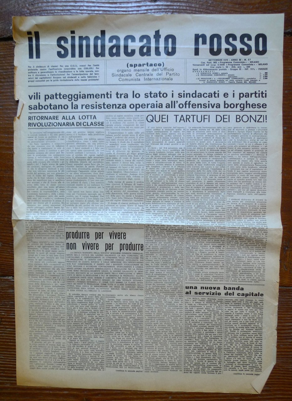IL SINDACATO ROSSO(SPARTACO)n.27 set.1970[PCInt,Bordiga,comunismo | Immagine principale