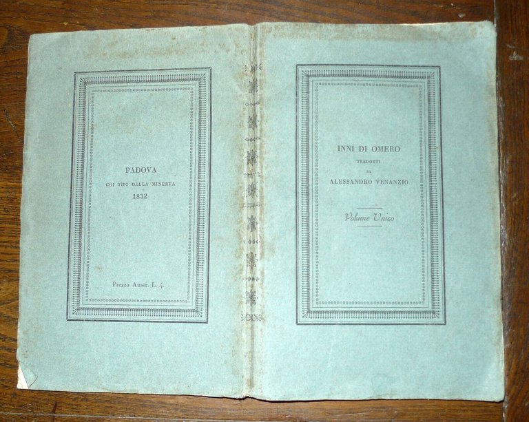 INNI DI OMERO TRADOTTI DA ALESSANDRO VENANZIO,1832 Minerva[POESIA GRECA ANTICA