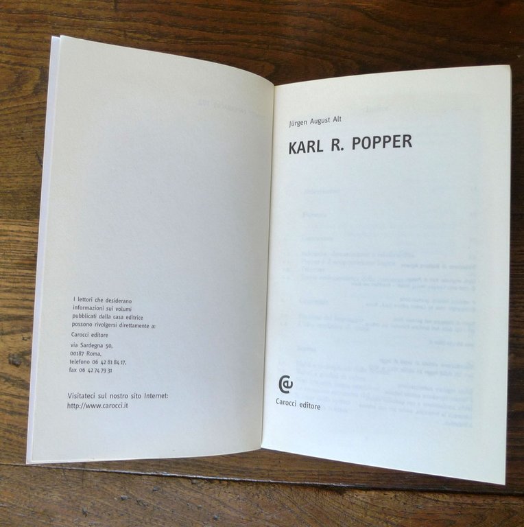 Jürgen August Alt,KARL R.POPPER,2004 Carocci[filosofia,epistemologia,scienza