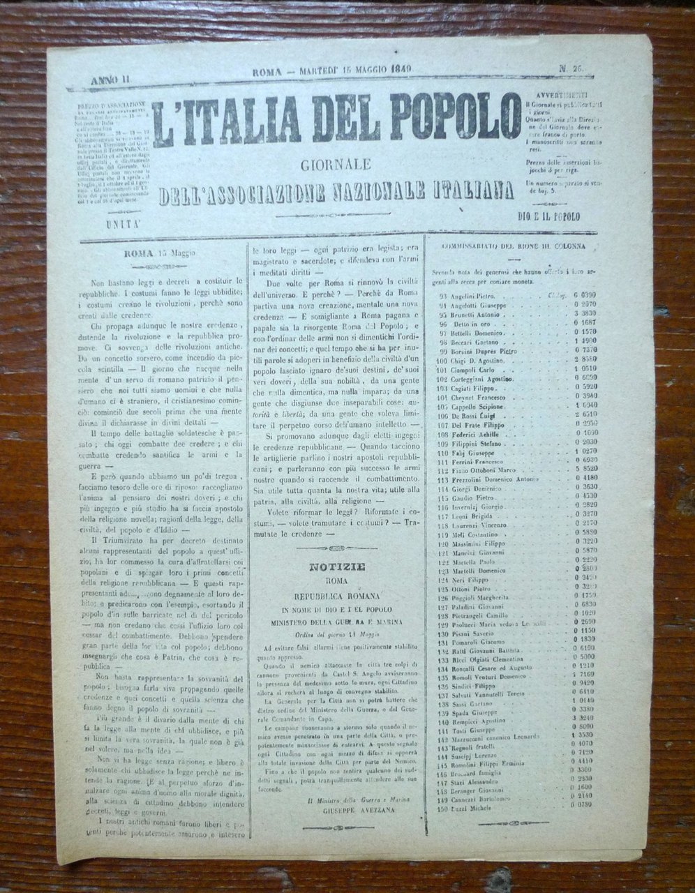 L'ITALIA DEL POPOLO n.26 15 Mag.1849.Giornale dell'Ass.Naz.Italiana[ANASTATICA | Immagine principale
