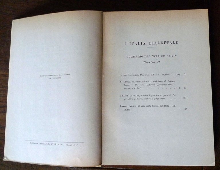 L'ITALIA DIALETTALE.RIVISTA DI DIALETTOLOGIA ITALIANA vol.XXXIV 1971 Pisa
