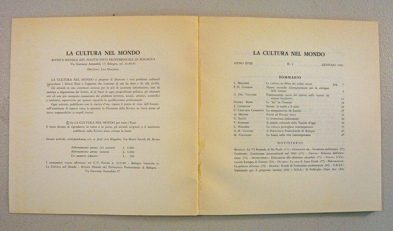LA CULTURA NEL MONDO n.1 1962.Mensile del Politecnico Professionale di …
