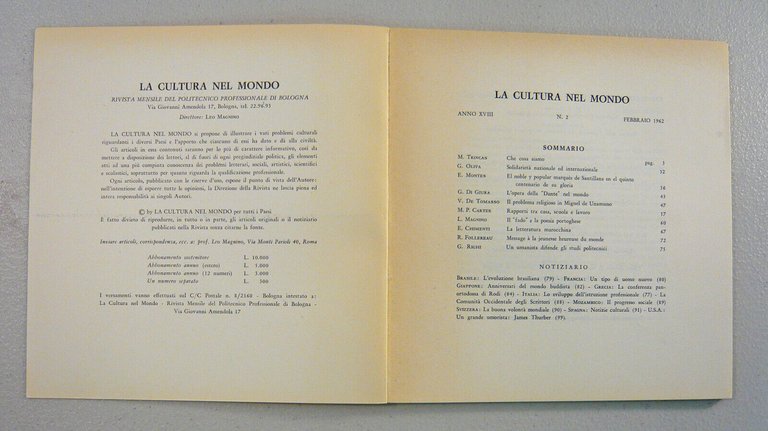 LA CULTURA NEL MONDO n.2 1962.Mensile del Politecnico Professionale di …