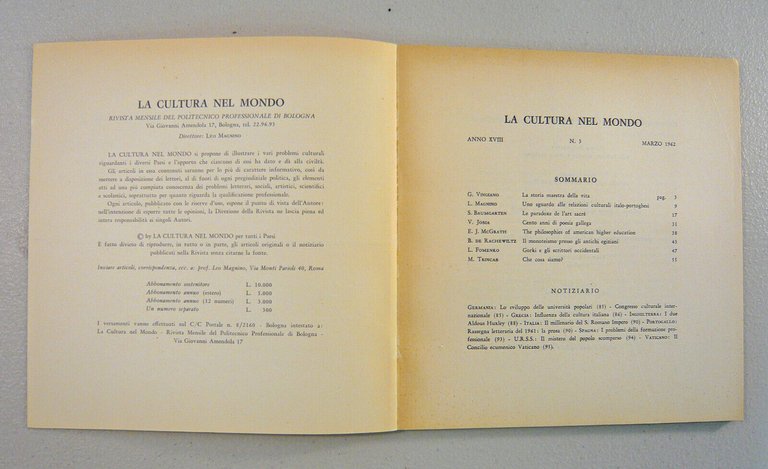 LA CULTURA NEL MONDO n.3 1962.Mensile del Politecnico Professionale di …