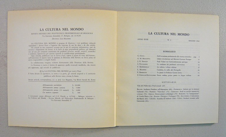 LA CULTURA NEL MONDO n.4 1962.Mensile del Politecnico Professionale di …