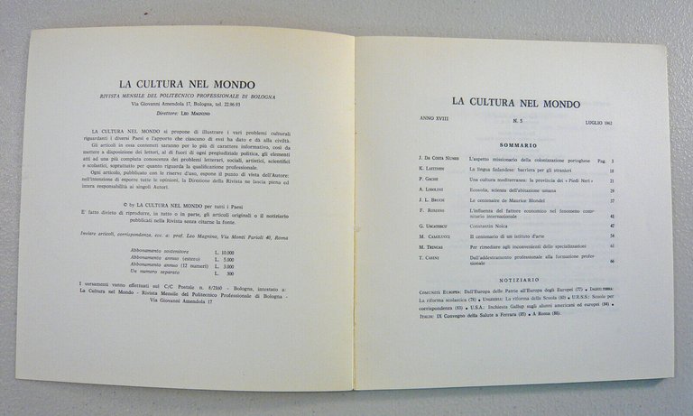 LA CULTURA NEL MONDO n.5 1962.Mensile del Politecnico Professionale di …