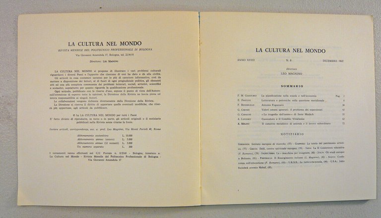 LA CULTURA NEL MONDO n.8 1962.Mensile del Politecnico Professionale di …