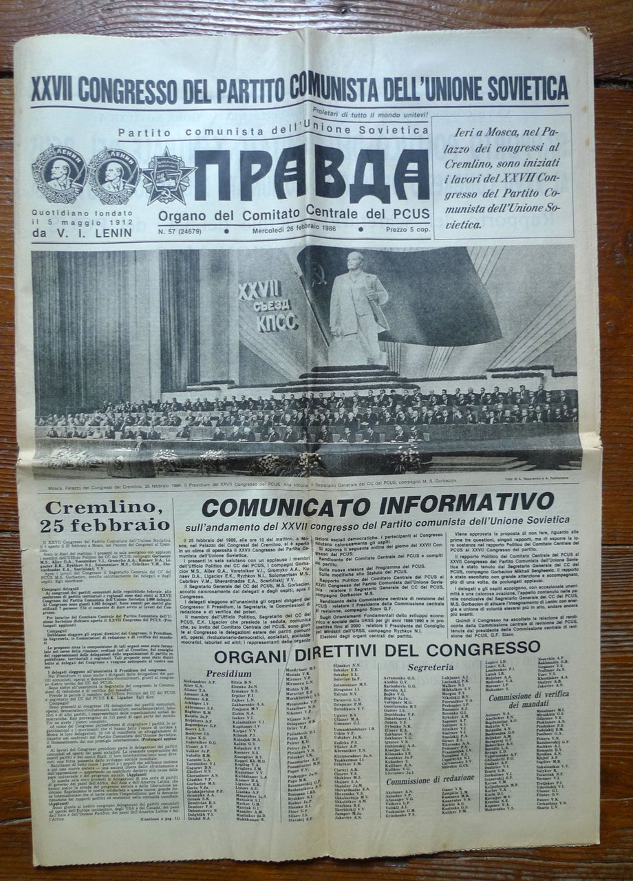 LA PRAVDA n.57 1986.XXVII CONGRESSO DEL PARTITO COMUNISTA DELL'UNIONE SOVIETICA | Immagine principale