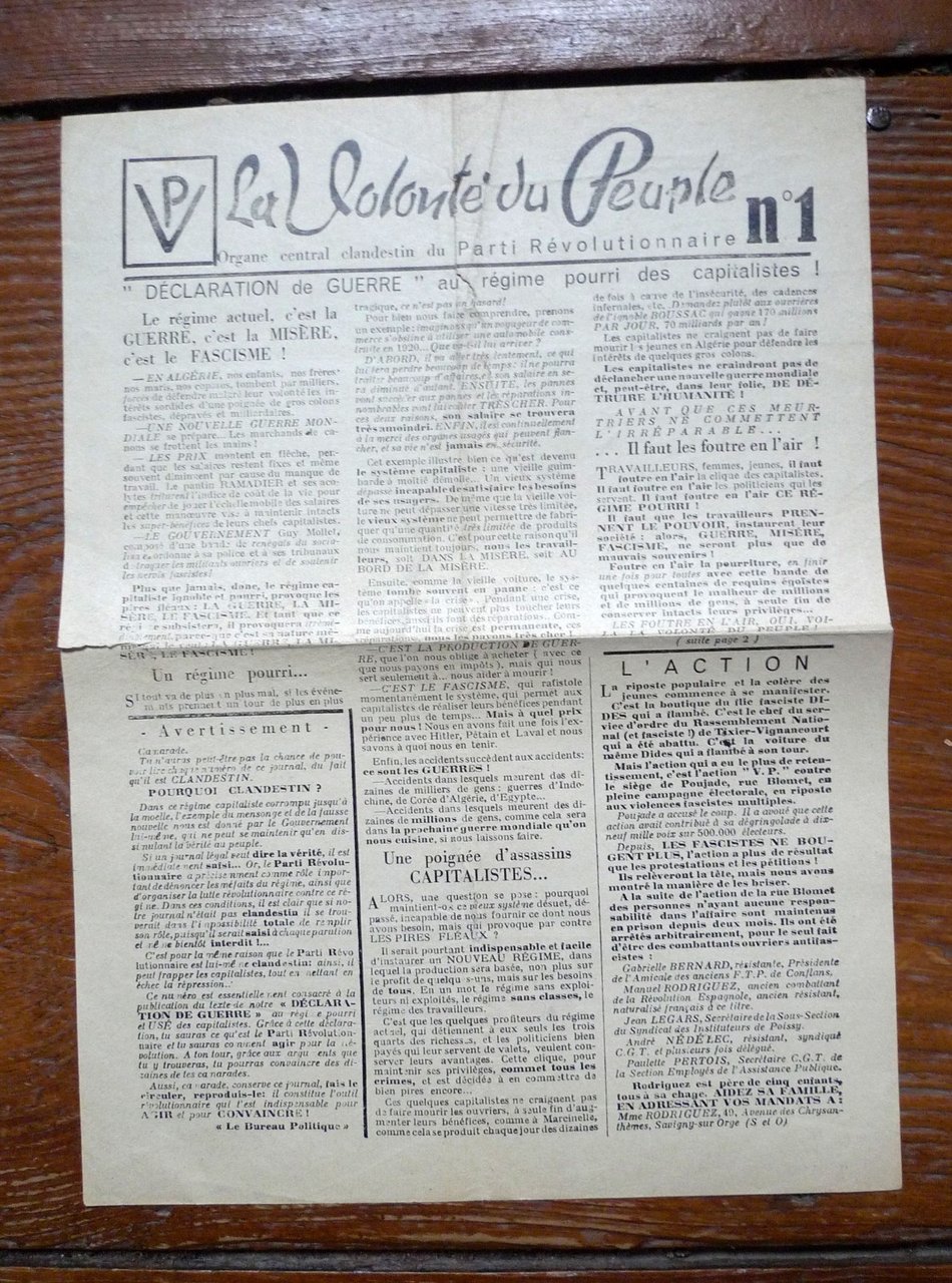 LA VOLONTÈ DU PEUPLE n.1 1957[PARTI RÉVOLUTIONNAIRE,comunismo