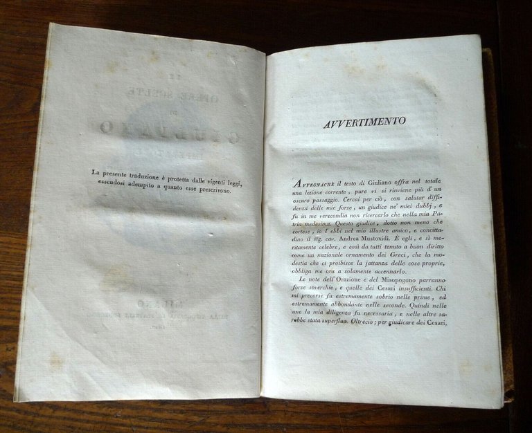 LE OPERE SCELTE DI GIULIANO IMPERATORE,1822 Sonzogno[volgarizzate da PETRETTINI