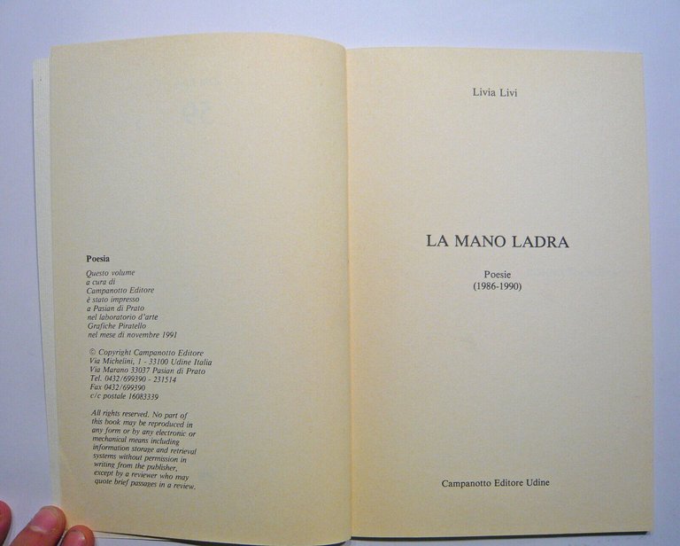 Livia Livi,LA MANO LADRA.POESIE(1986-1990),Campanotto 1991[autografo