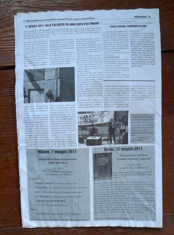 LOTTA CONTINUA.Foglio occasionale 3 2011[comunismo,1 maggio,movimento
