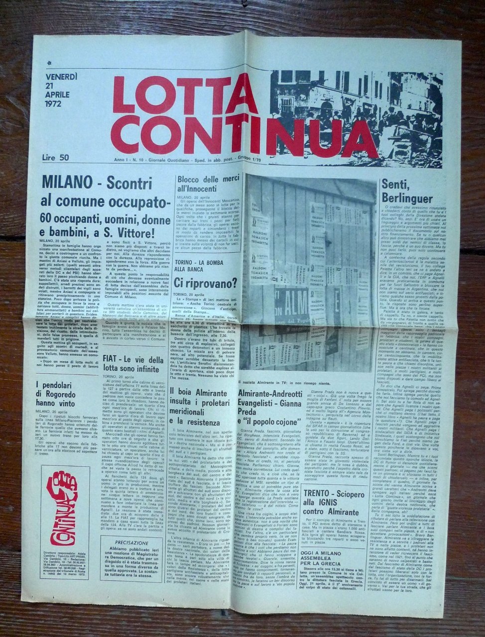 LOTTA CONTINUA Giornale Quotidiano Anno I-N.10 Venerdì 21 Aprile 1972[comunismo