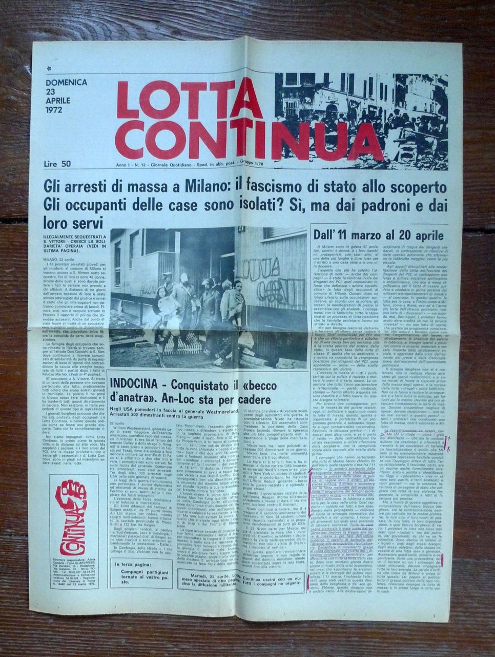 LOTTA CONTINUA Giornale Quotidiano Anno I-N.12 Domenica 23 Aprile 1972[comunismo