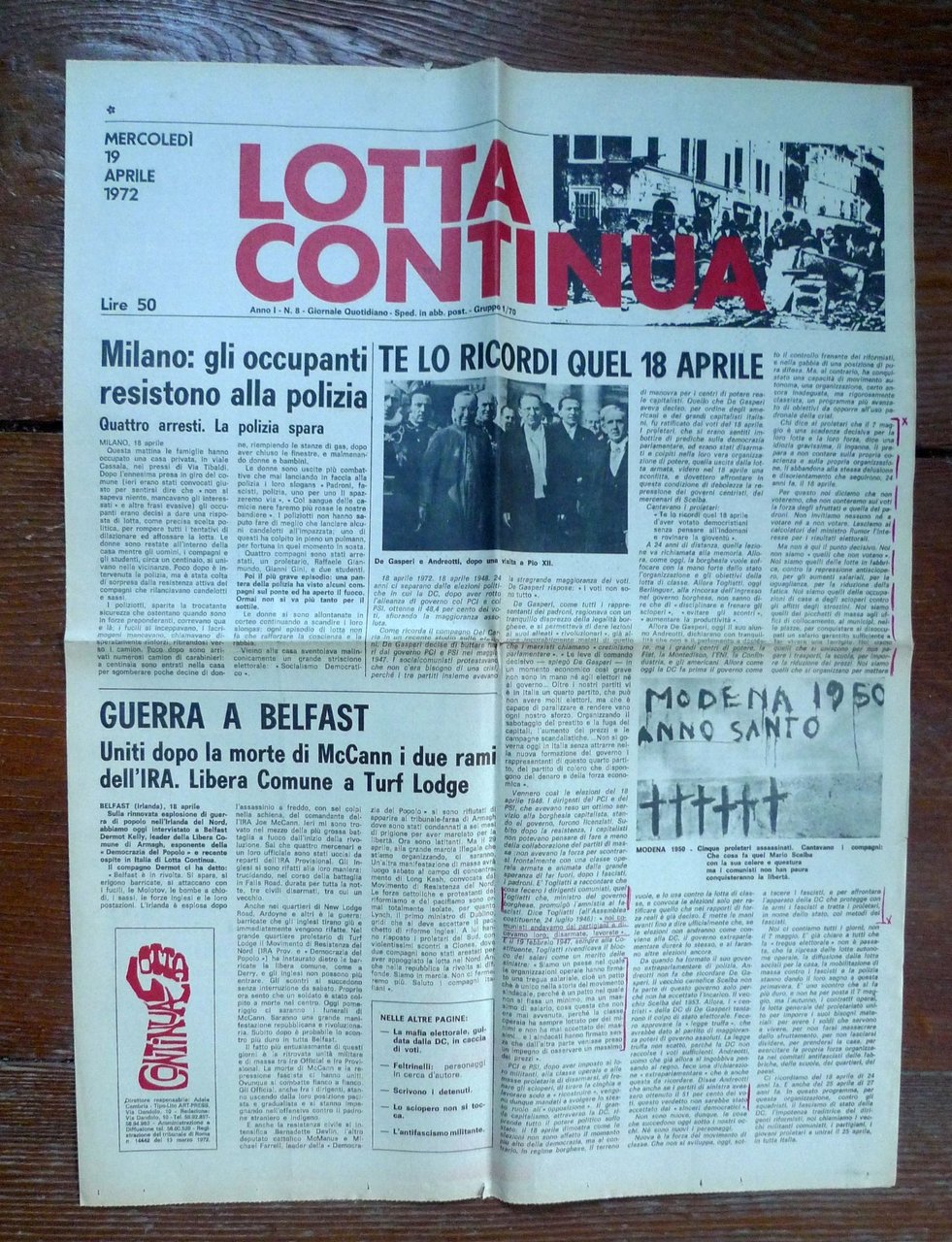 LOTTA CONTINUA Giornale Quotidiano Anno I-N.8 Mercoledì 19 Aprile 1972[comunismo