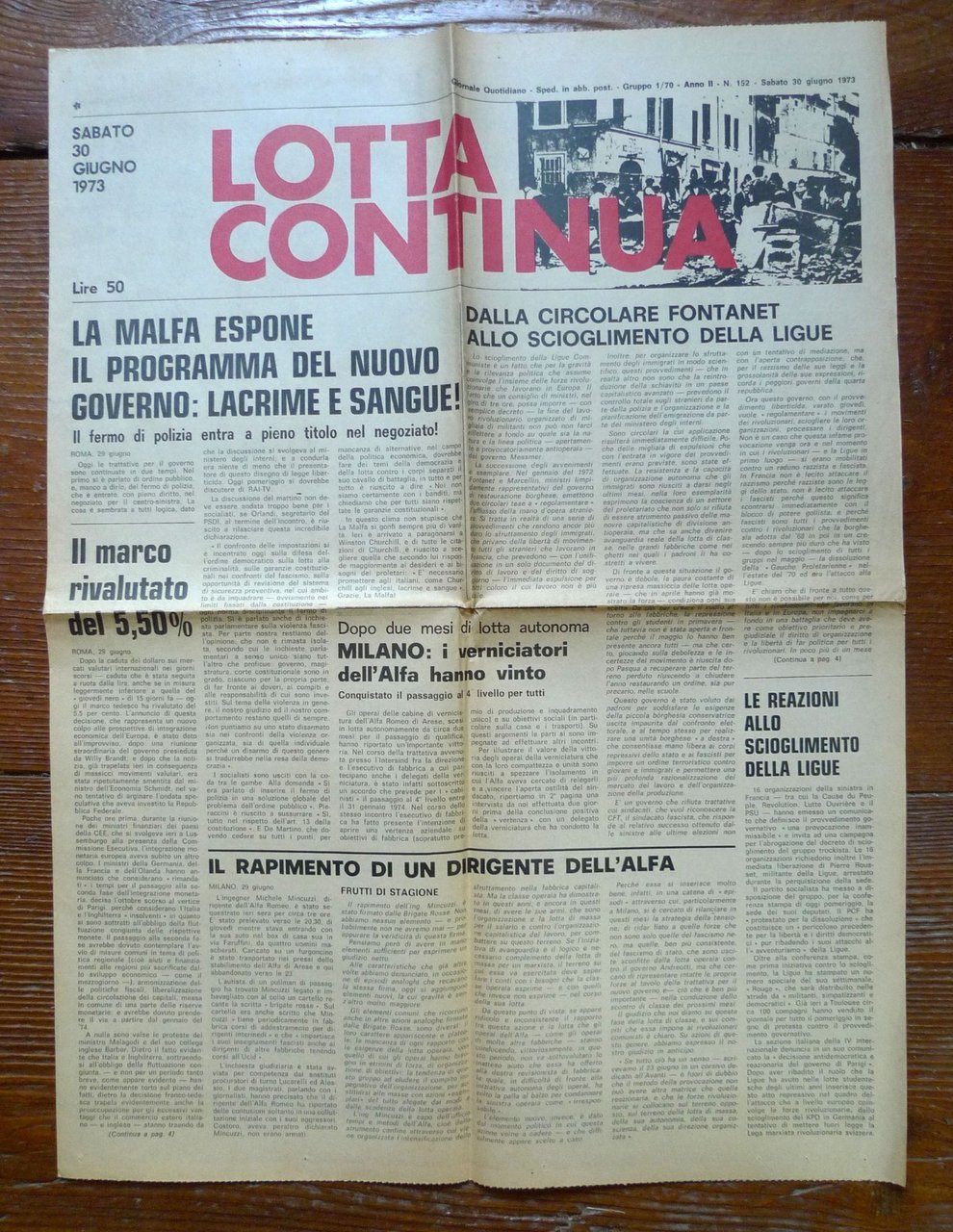 LOTTA CONTINUA Giornale Quotidiano Anno II N.152 Sabato 30 Giugno … | Immagine principale