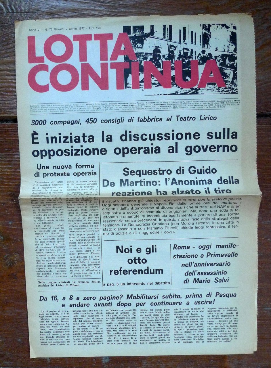 LOTTA CONTINUA.Quotidiano Anno VI-N.76 Giovedì 7 Aprile 1977[comunismo