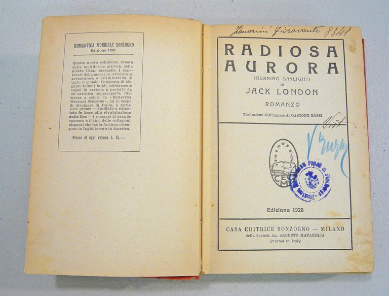 Lotto Jack London,COLLEZIONE ROMANTICA MONDIALE SONZOGNO,1928[Radiosa aurora