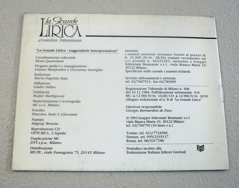 Lotto LA GRANDE LIRICA-LEGGENDARIE INTERPRETAZIONI,Bramante 1994[musica,opera