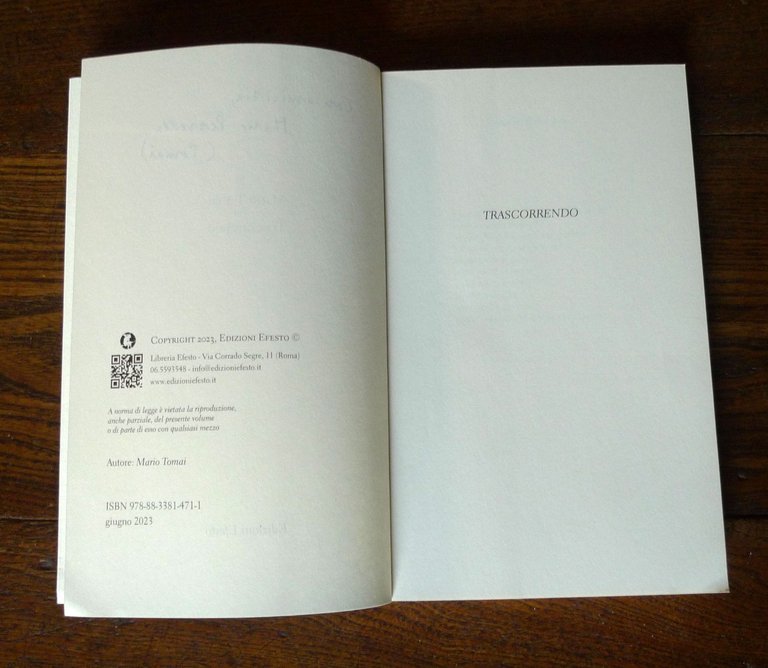 Mario Tomai,TRASCORRENDO,2023 Edizioni Efesto[POESIA,autografo