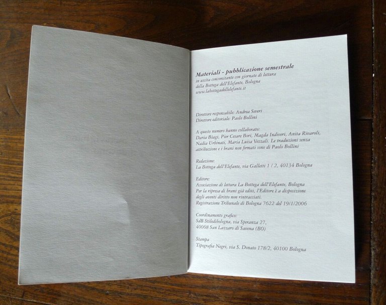 MATERIALI n.2 2006.Semestrale.La Bottega dell'Elefante,Bologna[Lucrezio,Borges