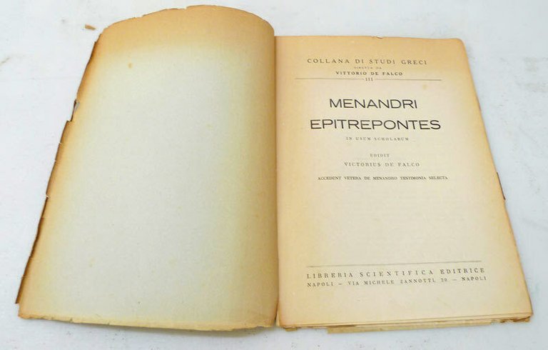 Menandro,MENANDRI EPITREPONTES,1945 Libreria Scientifica[de Falco,testimonianze