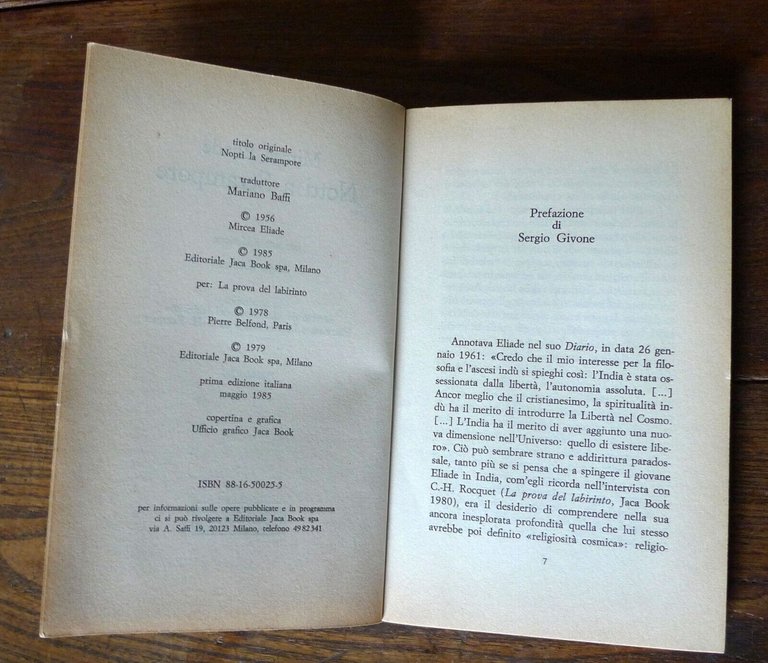 Mircea Eliade,NOTTI A SERAMPORE.Romanzo,1985 Jaca Book I^ed