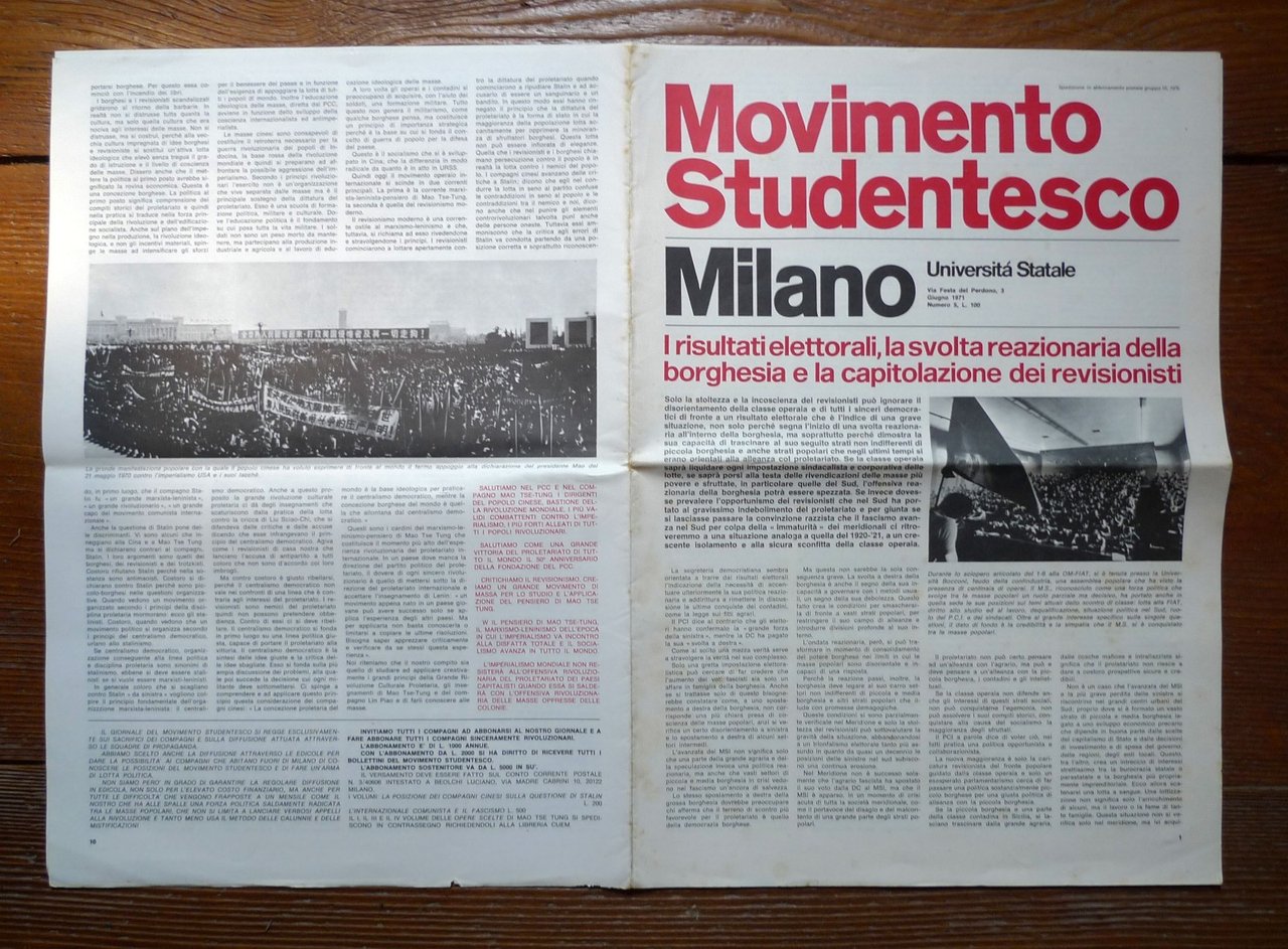MOVIMENTO STUDENTESCO MILANO UNIVERSITÀ STATALE n.5 Giugno 1971[comunismo