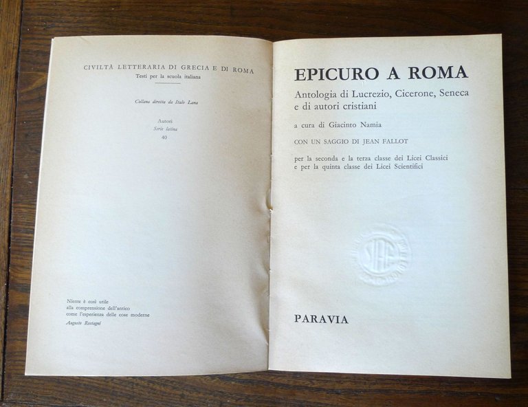 Namia,EPICURO A ROMA.Antologia di Lucrezio,Cicerone,Seneca,1983 Paravia | Immagine Gallery 3