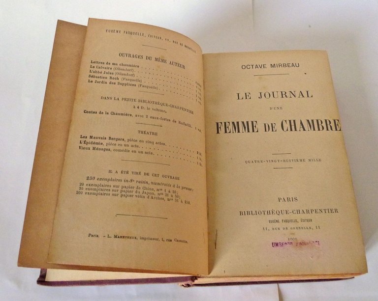 Octave Mirbeau,LE JOURNAL D'UNE FEMME de CHAMBRE,1901 Fasquelle[diario cameriera